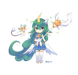 Rule 34 | 1girl, absurdres, alternate costume, alternate eye color, alternate hair color, animal ears, armlet, bare shoulders, blush, chibi, choker, elbow gloves, gloves, green eyes, green hair, hair ornament, highres, horns, league of legends, long hair, looking at viewer, magical girl, pointy ears, single horn, skirt, solo, soraka (league of legends), staff, star guardian (league of legends), star guardian soraka, thighhighs, very long hair, white gloves, white thighhighs, white wings, wings