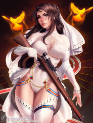 Rule 34 | 1girl, bird, bolt action, breasts, bridal veil, bride, brown hair, commentary, english commentary, girls&#039; frontline, gloves, green eyes, gun, hair ornament, highres, holding, holding weapon, jewelry, large breasts, lee-enfield, lee-enfield (girls&#039; frontline), leotard, long hair, red lips, rifle, ring, solo, themaestronoob, thighhighs, thighs, veil, weapon, wedding ring, white gloves, white leotard
