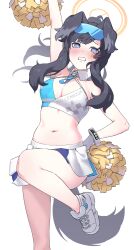 Rule 34 | 1girl, absurdres, blue archive, cheerleader, hand on own hip, hand up, hibiki (blue archive), hibiki (cheer squad) (blue archive), highres, millennium cheerleader outfit (blue archive), miniskirt, navel, pom pom (cheerleading), shade of trees, skirt, solo, standing, standing on one leg, sticker on face, tank top, white background