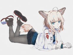 Rule 34 | 1girl, ahoge, animal ear fluff, animal ears, arknights, black pantyhose, black skirt, blonde hair, blue eyes, blue shirt, breasts, closed mouth, collarbone, commentary, fox ears, fox girl, fox tail, full body, gloves, grey background, highres, jacket, legs up, long sleeves, looking at viewer, lying, on stomach, pantyhose, shirt, shoe soles, shoes, simple background, skirt, small breasts, sussurro (arknights), tail, violetstone, white footwear, white gloves, white jacket, wide sleeves