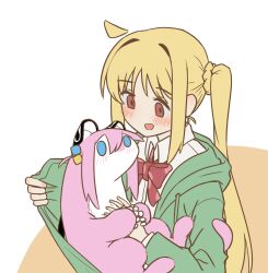 Rule 34 | 1girl, :d, ahoge, animal, animal ears, animalization, blonde hair, blue eyes, blush, bocchi the rock!, bow, bowtie, collared shirt, cube hair ornament, detached hair, gotoh hitori, green jacket, hair between eyes, hair ornament, highres, holding, holding animal, hood, hood down, hooded jacket, ijichi nijika, jacket, long hair, long sleeves, looking at another, myjet, open mouth, pink fur, ponytail, red bow, red bowtie, red eyes, school uniform, shirt, side ponytail, sidelocks, simple background, smile, tail, upper body, white shirt