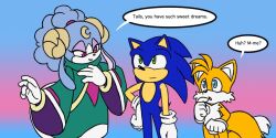 Rule 34 | 1girl, 2boys, blue eyes, blue fur, commentary, english commentary, english text, furry, furry male, gloves, green eyes, hyrulepirate, male focus, multiple boys, simple background, sonic (series), sonic dream team, sonic the hedgehog, speech bubble, tails (sonic)