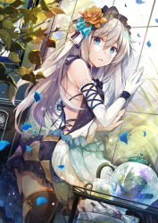 Rule 34 | 1girl, bare shoulders, black dress, black thighhighs, blue eyes, breasts, brown flower, brown rose, commentary request, dress, elbow gloves, fingernails, flower, gloves, hair between eyes, hair flower, hair ornament, hirai yuzuki, leaf, long hair, looking at viewer, looking to the side, original, parted lips, petals, rose, silver hair, single elbow glove, small breasts, solo, thighhighs, tile wall, tiles, very long hair, white gloves