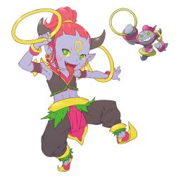 Rule 34 | :d, armband, blush stickers, bracelet, braid, colored sclera, colored skin, creatures (company), drawfag, earrings, facial mark, forehead mark, full body, game freak, gen 6 pokemon, green eyes, grey skin, highres, hoopa, hoopa (confined), horns, jewelry, legendary pokemon, male focus, midriff, monster boy, mythical pokemon, navel, nintendo, open mouth, personification, pink hair, pokemon, pokemon (creature), ponytail, smile, tongue, tongue out, yellow sclera