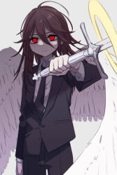 Rule 34 | 1boy, ahoge, androgynous, angel, angel devil (chainsaw man), angel wings, arm at side, black jacket, black necktie, black pants, black suit, chainsaw man, closed mouth, collared shirt, feathered wings, foreshortening, formal, glowing, glowing eyes, grey background, hair between eyes, halo, highres, holding, holding sword, holding weapon, jacket, large wings, leftporygon, light, long bangs, long hair, long sleeves, looking at viewer, necktie, pants, red eyes, red hair, serious, shirt, solo, standing, suit, suit jacket, sword, weapon, white shirt, white wings, wings, yellow halo