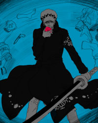 Rule 34 | 1boy, blue background, color background, denim, detached, disembodied hand, dismembered, earrings, fighting, fighting stance, gun, hat, head, heart (organ), jacket, jeans, jewelry, jolly roger, male focus, military, military uniform, monochrome, one piece, ootachi, pants, pirate, punk hazard, solo, spot color, sword, trafalgar law, uniform, weapon, xla009