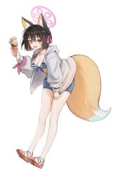 1girl animal_ear_fluff animal_ears bikini blue_archive brown_hair denim denim_shorts eyeshadow fang fefee food fox_ears fox_girl fox_tail full_body hair_ornament halo holding holding_food holding_ice_cream hood hoodie ice_cream izuna_(blue_archive) izuna_(swimsuit)_(blue_archive) looking_at_viewer makeup official_alternate_costume open_clothes open_hoodie pink_eyeshadow pink_halo pom_pom_(clothes) pom_pom_hair_ornament shorts skin_fang smile solo standing striped_bikini striped_clothes swimsuit tail white_background