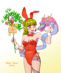 Rule 34 | 1girl, 2024, absurdres, animal ears, bell, blush, bow, bowtie, branch, breasts, chinese zodiac, detached collar, dice, dragon, fake animal ears, fang, fukusuke hachi-gou, green hair, happy new year, highres, holding, holding branch, large breasts, leotard, long hair, looking to the side, new year, open mouth, original, playboy bunny, pointy ears, rabbit ears, solo, strapless, strapless leotard, translation request, wrist cuffs, year of the dragon, yellow eyes