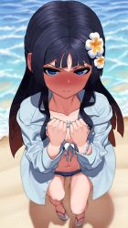 Rule 34 | 1girl, absurdres, angry, beach, bikini, black hair, blue eyes, blurry, blush, breasts, cleavage, clenched hands, closed mouth, collarbone, commentary request, day, depth of field, flower, from above, full body, hair flower, hair ornament, highres, idolmaster, idolmaster million live!, idolmaster million live! theater days, jewelry, long hair, mogami shizuka, navel, necklace, ocean, open clothes, open shirt, outdoors, sand, sandals, small breasts, solo, surps, sweatdrop, swimsuit, v-shaped eyebrows