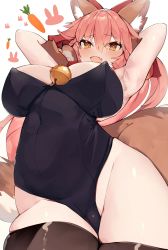 Rule 34 | 1girl, absurdres, animal ear fluff, animal ears, animal hands, armpits, arms up, bare shoulders, bell, black leotard, blush, bow, breasts, brown thighhighs, cleavage, collar, covered navel, fate/extra, fate/grand order, fate (series), fox ears, fox girl, fox tail, gloves, hair between eyes, hair bow, highleg, highleg leotard, highres, jingle bell, large breasts, leotard, long hair, looking at viewer, neck bell, open mouth, paw gloves, pink hair, ponytail, red bow, rottenweiler, sidelocks, smile, solo, strapless, strapless leotard, tail, tamamo (fate), tamamo cat (fate), thighhighs, yellow eyes