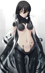 Rule 34 | 1girl, absurdres, act (xadachit), barcode, barcode tattoo, black hair, breasts, closed mouth, coat, girls&#039; frontline, hair between eyes, highres, long hair, mechanical arms, mechanical legs, navel, nyto (girls&#039; frontline), isomer hivemind (girls&#039; frontline), paradeus, see-through, solo, tattoo, very long hair, yellow eyes