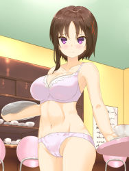 Rule 34 | 1girl, blurry, blurry background, blush, bow, bow panties, bra, breasts, brown hair, cameltoe, cleavage, closed mouth, collarbone, cowboy shot, crotch seam, cup, depth of field, hagino chiaki, hair ornament, highres, hinako note, holding, indoors, kakari, lace, lace-trimmed bra, lace-trimmed panties, lace trim, large breasts, light frown, looking at viewer, navel, panties, pink bra, pink panties, purple eyes, saucer, shiny skin, short hair, short hair with long locks, smile, solo, standing, teacup, tray, underwear, underwear only, x hair ornament