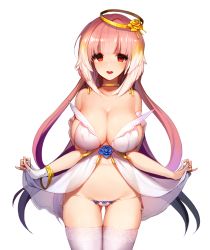 Rule 34 | 1girl, babydoll, bad id, bad pixiv id, breasts, character request, choker, female focus, fingerless gloves, flower, gloves, gradient hair, highres, large breasts, long hair, looking at viewer, multicolored hair, navel, non-web source, panties, pink hair, red eyes, selena (soccer spirits), snowball22, soccer spirits, solo, thighhighs, transparent background, underwear, white thighhighs