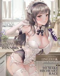 Rule 34 | 1girl, arm up, armpits, artist name, bare shoulders, black nails, blush, bow, breasts, brown hair, chowbie, cleavage, cover, cowboy shot, detached collar, eggplant, elbow gloves, english text, fake cover, food, frilled leotard, frills, garter belt, garter straps, gloves, holding, holding food, indoors, kitchen, large breasts, leaning forward, leotard, long hair, lowleg, lowleg panties, maid, maid headdress, maid leotard, mole, mole on breast, nail polish, neck ribbon, original, panties, parted lips, purple eyes, revision, ribbon, solo, swept bangs, thighhighs, unconventional maid, underwear, vegetable, white bow, white garter belt, white garter straps, white gloves, white leotard, white panties, white thighhighs