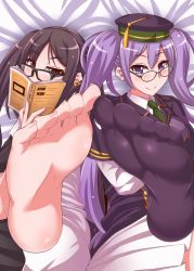 Rule 34 | 2girls, akuta hinako, barefoot, black hair, blush, book, brown eyes, covering own mouth, earrings, fate/grand order, fate (series), feet, foot focus, glasses, hat, jewelry, leg up, long hair, looking at viewer, multiple girls, pov, purple eyes, purple hair, sion eltnam atlasia, smile, socks, soles, toes, twintails