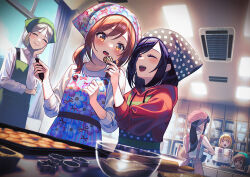 Rule 34 | 6+girls, apron, baking sheet, black hair, blonde hair, blush, bowl, brown hair, cabinet, closed eyes, collared shirt, cookie, cookie cutter, cooking, counter, feeding, food, hand on own cheek, hand on own face, holding, hood, hoodie, indoors, kitchen, long hair, long sleeves, low twintails, multiple girls, old, old woman, open mouth, orange eyes, original, pastry bag, polka dot, rolling pin, shirt, short hair, sleeves pushed up, smile, tenugui, tray, twintails, unowen, window