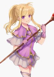 Rule 34 | 1girl, blonde hair, boots, capelet, clarine, closed mouth, collarbone, fire emblem, fire emblem: the binding blade, floating hair, gloves, grey capelet, grey footwear, grey skirt, highres, holding, holding staff, layered capelet, long hair, looking at viewer, miniskirt, nintendo, pink gloves, pleated skirt, ponytail, purple capelet, purple eyes, purple shirt, shirt, sidelocks, simple background, skirt, smile, solo, staff, standing, thigh boots, thighhighs, white background, wspread