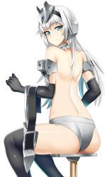 Rule 34 | 1girl, architect, ass, black gloves, black thighhighs, blue eyes, blush, commentary request, doko tetora, expressionless, frame arms girl, from behind, gloves, grey panties, highres, long hair, looking at viewer, looking back, panties, shiny skin, shoulder blades, silver hair, simple background, sitting, solo, stool, thighhighs, topless, underwear, white background