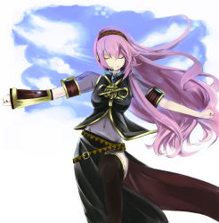 Rule 34 | 1girl, double lariat (vocaloid), closed eyes, headphones, headset, highres, long hair, megurine luka, midriff, navel, outstretched arms, pink hair, sky, smile, solo, spread arms, thighhighs, vocaloid, wind, yui 7