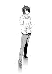 Rule 34 | 1boy, araragi koyomi, closed mouth, collarbone, drawstring, full body, greyscale, hair over one eye, hands in pocket, hood, hooded jacket, jacket, kouji (campus life), looking at viewer, male focus, monochrome, monogatari (series), pants, shoes, short sleeves, simple background, smile, solo, white background