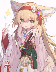 Rule 34 | 1girl, animal ears, arknights, blonde hair, blush, chinese knot, fangs, flower, fox, fox ears, green eyes, hairband, highres, japanese clothes, kimono, lily of the valley, long sleeves, multicolored hair, nalphanne, pink kimono, red hairband, smile, suzuran (arknights), v, white hair