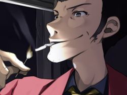 Rule 34 | 1boy, arsene lupin iii, black eyes, black hair, cigarette, close-up, facial hair, fire, gradient background, jacket, lighting cigarette, lo (pixiv14046691), lupin iii, male focus, matches, necktie, portrait, red jacket, smile, solo, stubble, yellow necktie