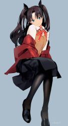 Rule 34 | 1girl, artist request, black footwear, black hair, black pantyhose, black ribbon, blouse, blue background, collared shirt, fate/stay night, fate (series), green eyes, grey background, hair ribbon, highres, homurahara academy school uniform, long hair, long legs, looking at viewer, pantyhose, parted bangs, ribbon, school uniform, shirt, signature, simple background, skirt, solo, tohsaka rin, twintails, two side up, white shirt