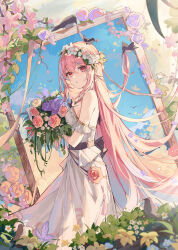 Rule 34 | 1girl, absurdres, animal, animal on head, bare shoulders, bird, bird on head, bouquet, detached sleeves, dress, floral background, flower, hair between eyes, hair flower, hair ornament, highres, holding, holding bouquet, long dress, long hair, looking at viewer, on head, original, parted lips, pink flower, pink hair, purple flower, red eyes, short sleeves, sidelocks, solo, standing, very long hair, white dress, white flower, yajuu