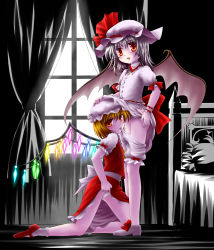 Rule 34 | 2girls, bad id, bad pixiv id, bat wings, blonde hair, bloomers, bloomers pull, blue eyes, blue hair, clothes lift, dress, dress lift, female focus, flandre scarlet, hand on another&#039;s head, hat, highres, incest, kneeling, mouth hold, multiple girls, panties, panties in mouth, red eyes, remilia scarlet, siblings, sisters, touhou, underwear, white panties, window, wings, yami no kohaku, yuri