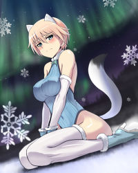 Rule 34 | 10s, 1girl, animal ears, aurora, bad id, bad pixiv id, blonde hair, blush, boots, brave witches, breasts, brown hair, cat ears, cat tail, covered erect nipples, elbow gloves, gloves, green eyes, high heels, kittysuit, kneeling, large breasts, leotard, looking at viewer, nikka edvardine katajainen, no bra, nontraditional playboy bunny, shoes, short hair, snowflakes, solo, strike witches, tail, thighhighs, ulrich (tagaragakuin), v arms, world witches series