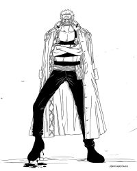 Rule 34 | 1boy, blood, crossed arms, facial hair, frown, full body, jacket, jacket on shoulders, male focus, monochrome, muscular, mustache, one piece, red-leg zeff, sash, shirt, solo, standing, striped clothes, striped shirt