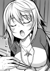 Rule 34 | 10s, 1girl, :o, breasts, charlotte dunois, chopsticks, cleavage, eba, closed eyes, greyscale, infinite stratos, jacket, large breasts, monochrome, open mouth, solo focus, sweat, track jacket, zipper