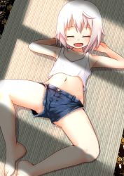 Rule 34 | 1girl, arms behind head, bare shoulders, blush, denim, denim shorts, flat chest, highres, kantai collection, lying, nassukun, navel, on back, open mouth, shimushu (kancolle), short hair, shorts, solo, tank top, white hair, white tank top