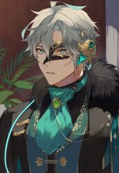 Rule 34 | 1boy, ahoge, alhaitham (genshin impact), aqua ascot, aqua hair, aqua vest, ascot, black coat, black mask, black shirt, blurry, blurry background, brooch, cable, coat, collared shirt, commentary, english commentary, fur-trimmed coat, fur trim, gem, genshin impact, green eyes, green gemstone, grey hair, hair between eyes, half mask, headphones, highres, indoors, jewelry, kichi owo, lapel pin, lapels, looking at viewer, male focus, mask, masquerade mask, multicolored hair, parted bangs, parted lips, plant, shirt, short hair, sidelocks, solo, upper body, vest