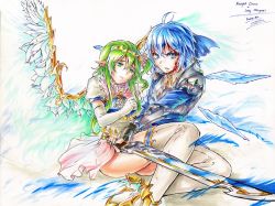 Rule 34 | 2girls, angry, black gloves, blood, blood on face, blue eyes, blue hair, character name, cirno, daiyousei, elbow gloves, english text, fairy wings, feathered wings, fingerless gloves, freeze-ex, gloves, gradient background, green eyes, green hair, ice, ice wings, knight, long legs, marker (medium), multiple girls, protecting, serious, sword, thighhighs, thighs, tiara, touhou, traditional media, weapon, white gloves, wings