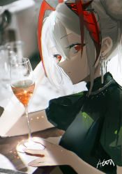 Rule 34 | 1girl, absurdres, alternate costume, alternate hairstyle, arknights, artist name, black shirt, blurry, blurry background, chinese commentary, demon horns, depth of field, drink, earrings, expressionless, glass, grey hair, hair between eyes, highres, horns, jewelry, looking at viewer, omone hokoma agm, red eyes, shirt, solo, upper body, w (arknights)