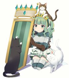 Rule 34 | 1girl, animal, animal on head, armored boots, belt, blunt bangs, boots, breasts, brown belt, brown gloves, cat, cat on head, cheek press, closed mouth, curly hair, dot nose, expressionless, facing viewer, fujishiro emyu, full body, futaba sana, gloves, green eyes, green hair, green sweater, hair bobbles, hair ornament, highres, holding, holding shield, jewelry, layered skirt, light blush, looking afar, magia record: mahou shoujo madoka magica gaiden, mahou shoujo madoka magica, medium breasts, necklace, on head, playing, ribbed sweater, seiza, shadow, shield, sidelocks, simple background, sitting, skirt, solo, soul gem, sweater, thigh boots, thighhighs, thighs, tiara, tsurime, turtleneck, turtleneck sweater, twintails, veil, waist cape, white background, white skirt, zettai ryouiki