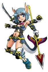 Rule 34 | 10s, adapted costume, amazing-c, armor, blue eyes, blue hair, dual wielding, extra arms, fins, fish tail, gauntlets, greaves, grin, holding, horns, mahou shoujo madoka magica, mahou shoujo madoka magica (anime), midriff, navel, oktavia von seckendorff, polearm, shinrabanshou, short hair, simple background, smile, solo, spear, sword, tail, weapon, white background