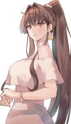 Rule 34 | 1girl, blush, breasts, brown eyes, brown hair, closed mouth, dress, earrings, hair intakes, highres, jewelry, kantai collection, kasumi (skchkko), large breasts, long hair, official alternate costume, ponytail, short sleeves, simple background, smile, solo, upper body, very long hair, white background, white dress, yamato (kancolle)