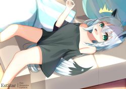 Rule 34 | 1girl, ^^^, animal ear fluff, animal ears, arm behind back, aties20, bare shoulders, black shirt, blush, breasts, couch, feet out of frame, fox ears, fox girl, fox tail, green eyes, grey hair, hair between eyes, hand up, hololive, long hair, looking at viewer, lying, off-shoulder shirt, off shoulder, on back, on couch, open mouth, pillow, shirakami fubuki, shirt, short sleeves, small breasts, solo, tail, very long hair, virtual youtuber, wavy mouth, wide sleeves