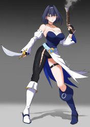 Rule 34 | 1girl, absurdres, asymmetrical legwear, bare shoulders, belt, blue eyes, blue hair, blush, boots, breasts, cleavage, cutlass, detached sleeves, full body, gloves, gun, hair intakes, high belt, highres, hololive, hololive english, jewelry, large breasts, looking at viewer, mawaridi, necklace, ouro kronii, parted lips, pirate, short hair, smoke, smoking, smoking gun, solo, standing, torn clothes, virtual youtuber, weapon
