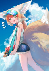 Rule 34 | 1girl, :d, animal ear fluff, animal ears, arknights, artist name, bare arms, bare legs, blonde hair, blue shorts, blue sky, chocolatice, cloud, commentary request, food, fox ears, fox girl, fox tail, fruit, fur-trimmed shorts, fur trim, green eyes, highres, holding, holding tray, kitsune, kyuubi, long hair, looking at viewer, material growth, multicolored hair, multiple tails, notice lines, open mouth, oripathy lesion (arknights), short shorts, shorts, sky, smile, solo, suzuran (arknights), tail, tank top, tray, two-tone hair, visor cap, watermelon, white hair, white tank top