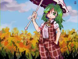 Rule 34 | 1girl, ascot, blue sky, buttons, closed mouth, cloud, collared shirt, commentary request, day, field, flower, flower field, frilled ascot, frilled umbrella, frills, green eyes, green hair, hand in pocket, heterochromia, highres, holding, holding umbrella, kazami yuuka, kazami yuuka (pc-98), korean commentary, long hair, looking at viewer, open clothes, open vest, outdoors, pants, parasol, plaid, plaid pants, plaid vest, puffy short sleeves, puffy sleeves, red eyes, red pants, red vest, shirt, short sleeves, signature, sky, smile, solo, sunflower, sunflower field, touhou, touhou (pc-98), umbrella, vest, waiwa way, white shirt, white umbrella, yellow ascot