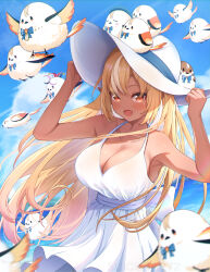 Rule 34 | 1girl, :d, animal, animal on head, armpits, bird, blonde hair, breasts, cleavage, dark-skinned female, dark skin, dress, elf, elfriend (shiranui flare), hat, highres, hololive, large breasts, long hair, on head, open mouth, pointy ears, red eyes, shiranui flare, smile, solo, suicabar72, sun hat, sundress, virtual youtuber, white dress