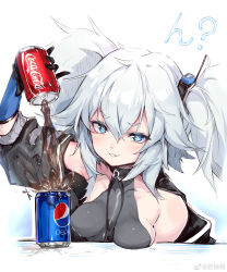 Rule 34 | 1girl, absurdres, blue eyes, breast rest, breasts, bright pupils, coca-cola, covered collarbone, girls&#039; frontline, gloves, heart, heart-shaped pupils, highres, looking at viewer, pa-15 (girls&#039; frontline), parted lips, pepsi, shanyao jiang tororo, short twintails, sidelocks, silver hair, small breasts, smile, smirk, solo, symbol-shaped pupils, twintails, upper body, weibo watermark, white pupils