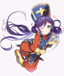 1girl ;) belt blush bodysuit boots breasts cosplay cross dragon_quest dragon_quest_iii female_focus full_body gloves green_eyes hat heart jumping large_breasts long_hair looking_at_viewer love_live! love_live!_school_idol_project mace mitre one_eye_closed priest_(dq3) purple_hair rassie_s simple_background skin_tight smile solo tabard tojo_nozomi twintails weapon yellow_footwear yellow_gloves