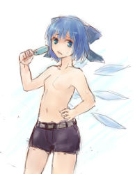 Rule 34 | 1girl, belt, blue hair, cirno, flat chest, food, hand on own hip, hata, hip focus, masa (neku), no nose, popsicle, short hair, shorts, sketch, solo, sweat, sweatdrop, topless, touhou, wings