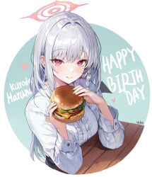 Rule 34 | 1girl, birthday, blue archive, blush, braid, burger, center frills, character name, circle, demon wings, food, frills, grey hair, halo, happy birthday, haruna (blue archive), heart, highres, holding, holding food, long hair, looking at viewer, red eyes, revision, shirt, simple background, single braid, smile, solo, straight hair, table, white shirt, whoisshe, wings, wooden table