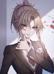 Rule 34 | 1girl, absurdres, bambi-25, blood, blood on face, blood on wall, braid, brown jacket, dress shirt, fate/grand order, fate (series), flower, hair ornament, hair scrunchie, hand up, highres, jacket, long sleeves, looking at viewer, medium hair, mordred (fate), necktie, parted bangs, ponytail, red scrunchie, scrunchie, shirt, short necktie, solo, upper body, white shirt