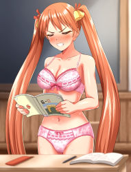 Rule 34 | 1girl, absurdres, angry, bell, blush, book, bow, bow bra, bow panties, bra, breasts, closed eyes, embarrassed, highres, holding, holding book, kagurazaka asuna, lace, lace bra, lace panties, mahou sensei negima!, navel, orange hair, panties, pink bra, pink panties, ribbon-trimmed bra, ribbon-trimmed panties, solo, stomach, twintails, underwear, underwear only, zanntetu